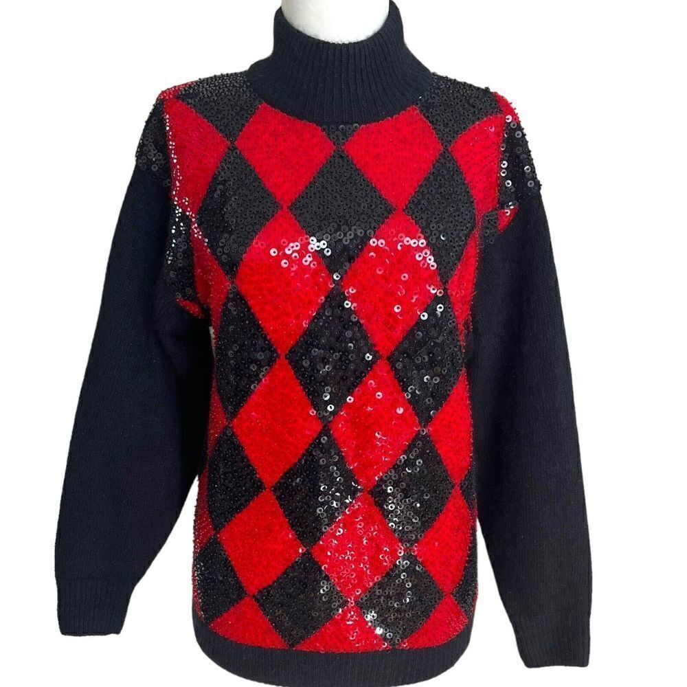 Vintage Ib Diffusion Sequin Argyle Mock Neck Swea… - image 3